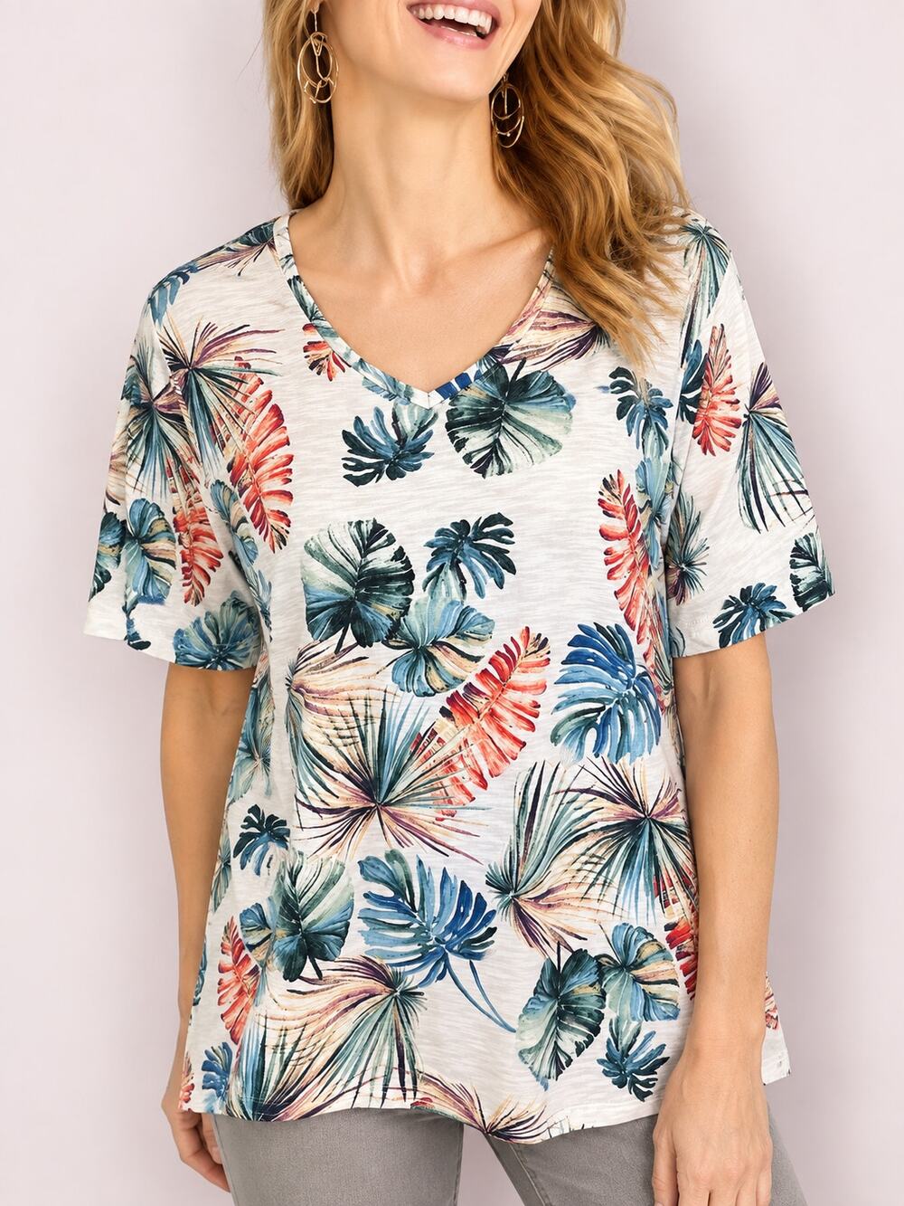 Chico's 3 Wild Palms Cotton Slub V-Neck Tee Size XL